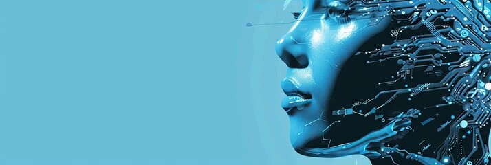 Blue female face made of computer circuitry, wiring, and data