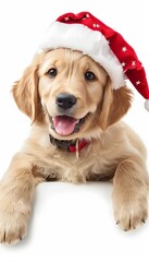 Cute puppy in santa hat peeks from behind a blank banner, perfect for christmas promotions