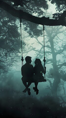 A romantic scene of a couple swinging together with trees and misty atmosphere creating an ethereal mood in the background