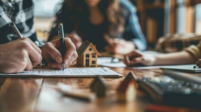 Close up of Real estate agent or real estate agent is presenting house model to customer to sign contract.