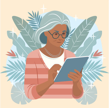 vector mujer anciana usando tableta digital