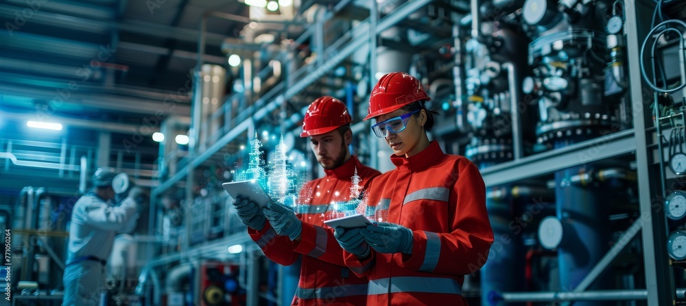 Aufkleber industrial engineers constructing in the background for manufacturing operations
