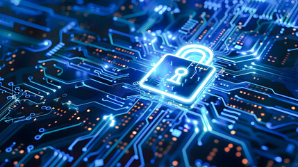 Cybersecurity in Financial Services A Padlock Icon on a Circuit Board - obrazy, fototapety, plakaty