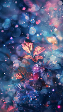 A serene image featuring leaves bejeweled with dewdrops against a soft, dreamy blue background with light flares
