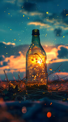 Enchanting image of a glass bottle on ground, overflowing with shimmering light next to scattered coins