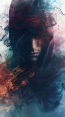 An artistic depiction of a cloaked figure, surrounded by vibrant, dynamic smoke and fire elements that suggest a sense of mystery and intrigue