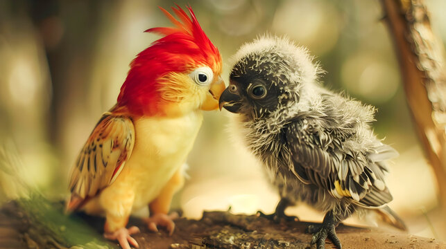 Two Baby Parrots in a Surreal and Fantastical Encounter