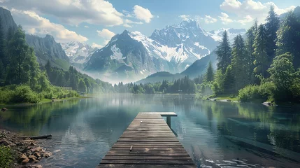 Schilderijen op glas A beautiful landscape of mountains and forests with wooden path to calm lake, landscape nature. © Penatic Studio