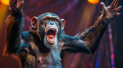Circus Chimps Professional captures of chimpanzees performing circus tricks or acrobatics bringing laughter and amazement with their playful antics  AI generated illustration - obrazy, fototapety, plakaty