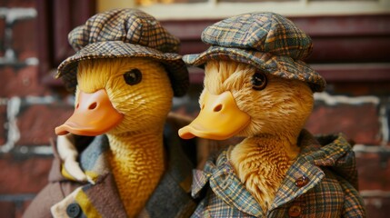 Detective Ducks Detailed photographs of ducks dressed as detectives or sleuths solving imaginary mysteries or conducting undercover operations with  AI generated illustration