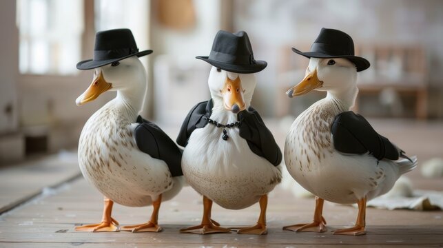 Detective Ducks Professional captures of ducks dressed as detectives or sleuths solving imaginary mysteries or conducting undercover operations with AI generated illustration