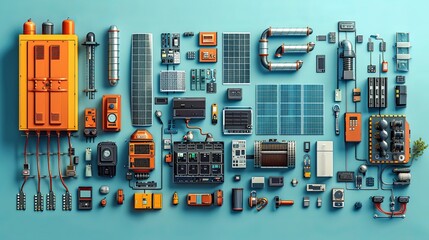 Vector illustration of a solar cell equipment component for solar plant energy in an on-grid inverter system diagram, depicted with isometric perspective. - obrazy, fototapety, plakaty