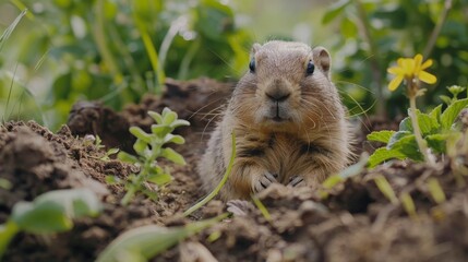 Naklejka na ściany i meble Gardening Gophers Cinematic shots of gophers tending to gardens or planting flowers showcasing their green thumbs and dedication to horticultural pu AI generated illustration