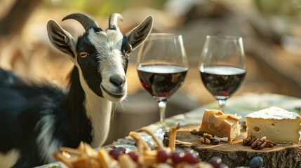 Gourmet Goats Professional captures of goats enjoying fine dining experiences at outdoor cafes or picnics nibbling on artisanal cheeses and sipping  AI generated illustration