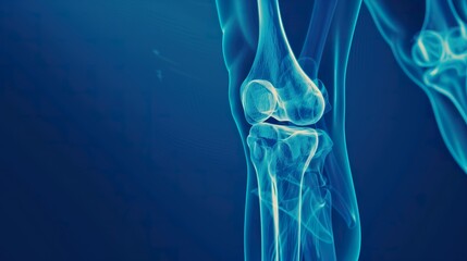 Human knee joint and leg in x-ray on blue background