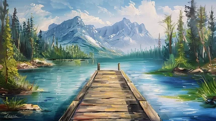 Poster The painting Illustration. Tranquil mountain lake with a wooden dock, surrounded by the beauty of nature. © Penatic Studio