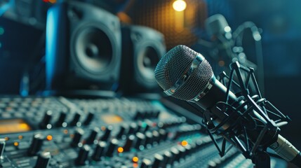 Podcast Equipment Close-Ups Cinematic shots of podcasting equipment such as microphones mixers and headphones showcasing the tools of the trade in AI generated illustration