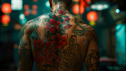Stunning image of a man's back tattoo blending traditional koi and floral designs with a modern twist