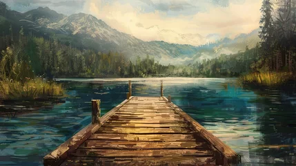  Tranquil mountain lake with a wooden dock, surrounded by the beauty of nature. The painting Illustration. © Penatic Studio