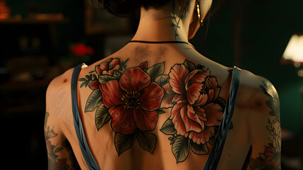 An image showing a woman with an elegant floral tattoo on her back, in warm ambient lighting, accentuating the tattoo