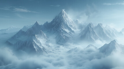 snow-capped mountain peaks shrouded in clouds of fog - obrazy, fototapety, plakaty