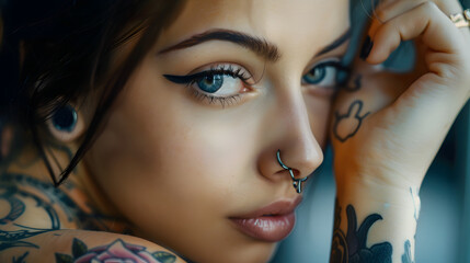 Detailed close-up of a woman with blue eyes, eyeliner, and tattoos, featuring subtle emotion