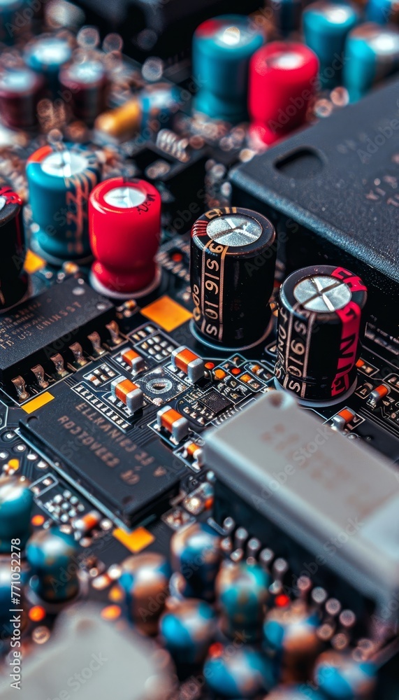 Poster digital circuit board backdrop with sophisticated computer hardware technology components