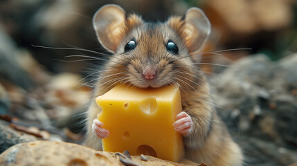 a cute mouse holding a piece of cheese with holes in it.