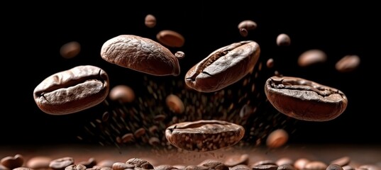 Roasted coffee beans floating in dynamic motion on black background in levitation