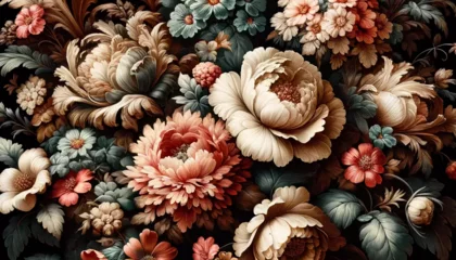 Fotobehang Vintage flowers set against a black background, embodying a floral pattern reminiscent of Baroque old fashioned style wallpaper © House That AI Built