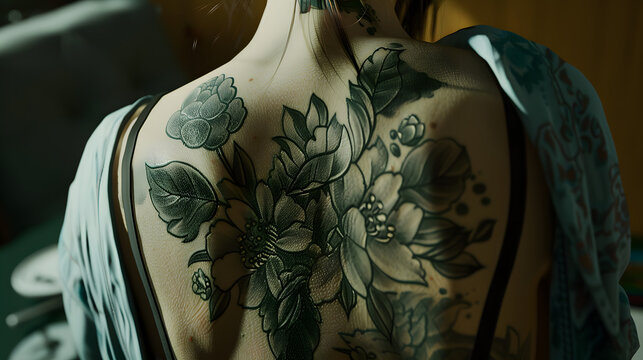 This high-quality image features the intricate details of a floral tattoo covering a woman's back, showcasing the artistry of body ink