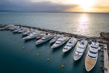 Aerial view of the Mega Yachts of the Mediterranean Sea in the French Riviera - Antibes, France