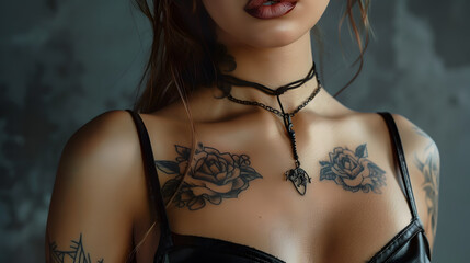 Close-up image showing an inked woman with a choker necklace that complements her chest tattoos