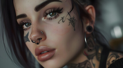 Portrait of a pierced, tattooed woman with a soulful look and black hair
