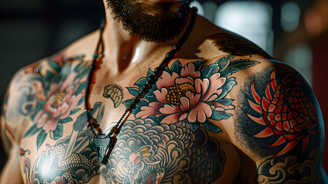 This image displays a man's torso covered in a vibrant, detailed chest tattoo featuring traditional floral and dragon designs