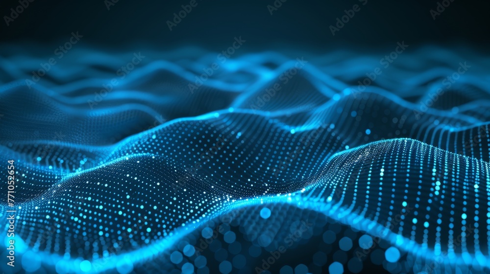 Poster data flow network line connecting stream with particle wave symbolizing information technology