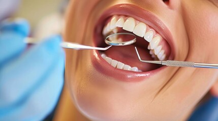 Female patient undergoing dental procedure against white backdrop with generous room for text