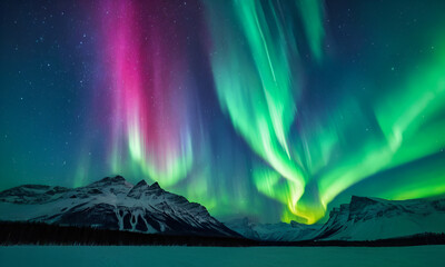 Aurora borealis. Green and purple aurora borealis over snow-capped mountains. Night sky with polar auroras. Winter nightscape with auroras. Natural background. - obrazy, fototapety, plakaty