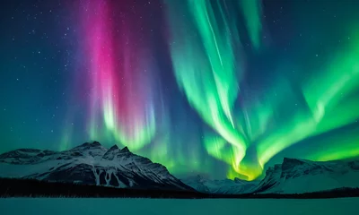 Fotobehang Aurora borealis. Green and purple aurora borealis over snow-capped mountains. Night sky with polar auroras. Winter nightscape with auroras. Natural background. © Bamboo Visual