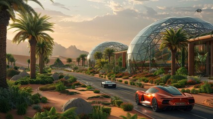 Car driving on a main road in the desert passing by a bio dome in the shape of glass cubes in it, generated with AI - obrazy, fototapety, plakaty