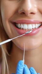 Woman receiving dental care with blurred white background, ideal for text placement
