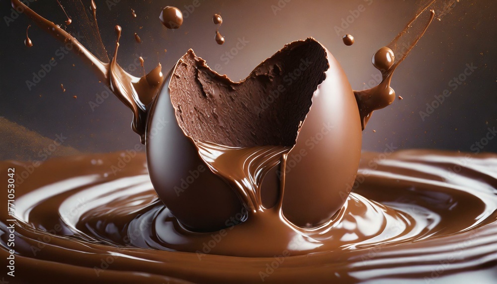 Wall mural Chocolate Easter Egg falling on top of melted chocolate and throwing it into the air.
