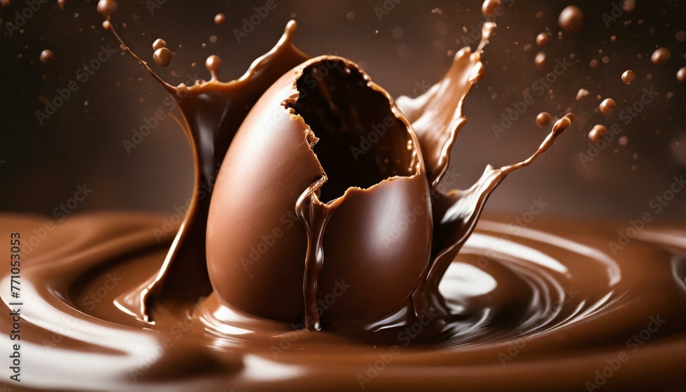 Wall mural chocolate easter egg falling on top of melted chocolate and throwing it into the air.