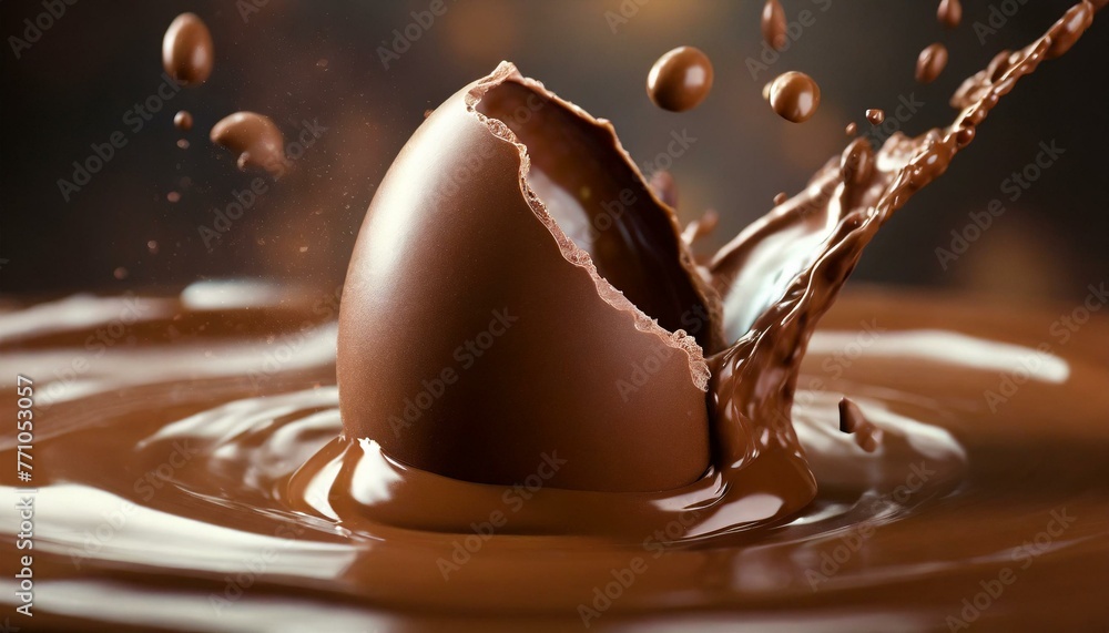 Wall mural chocolate easter egg falling on top of melted chocolate and throwing it into the air.