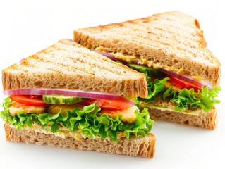 Sandwich with ham and salad, toasted bread, white background, generated with ai