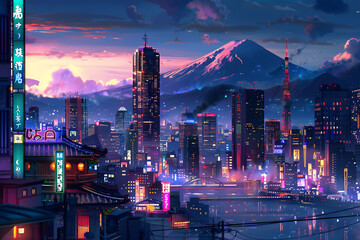 Illuminated Skyline: An Enchanting Blend of Modern and Traditional City Life in Japan - obrazy, fototapety, plakaty