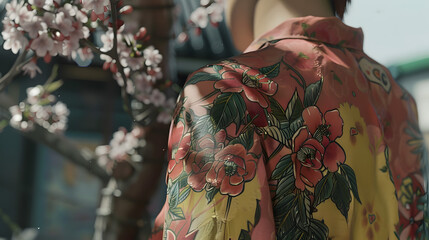 Obraz premium A visually striking photograph of a dazzling pink kimono with a detailed red flower tattoo-inspired print design