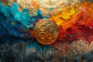 A stylized representation of a gold medal surrounded by abstract shapes and colors symbolizing speed and success, generated with AI