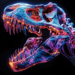 A t-rex dinosaur skull, neon colors, halo graphic, plain black background,generated with ai