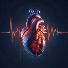 3D heart diagram with ECG graph, visualizing the concept of heart activity and potential heart attack. - obrazy, fototapety, plakaty